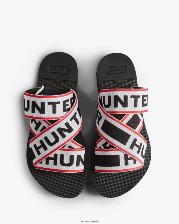 208Z2Z107 Hunter Boots Sale - Hunter Women Elastic Crossover Logo Slides Black/Red/White