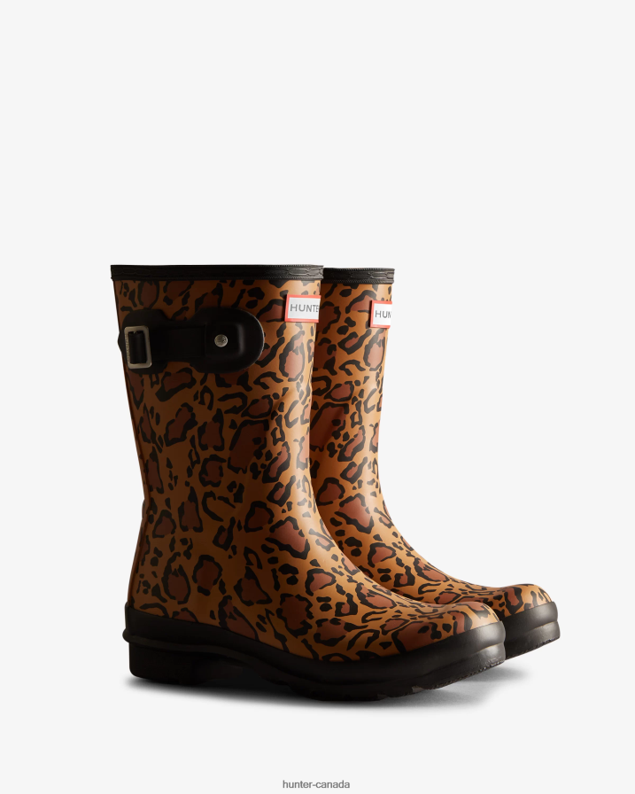 208Z2Z128 Hunter Outlet - Hunter Women Leopard Print Short Rain Boots Rich Tan/Saddle/Black