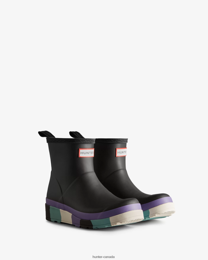 208Z2Z129 Hunter Boots - Hunter Women PLAY Short Striped Sole Rain Boots Black/Iridescent Purple/Birdseye Blue/White Willow