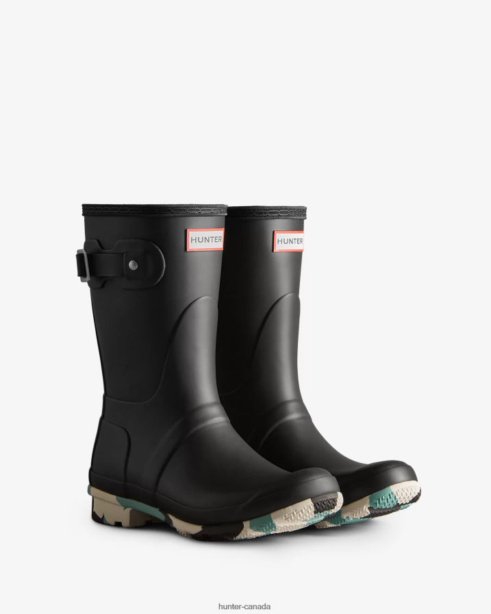 208Z2Z131 Hunter Boots Sale - Hunter Women Colour Splash Sole Short Rain Boots Black/White Willow/Birseye Blue