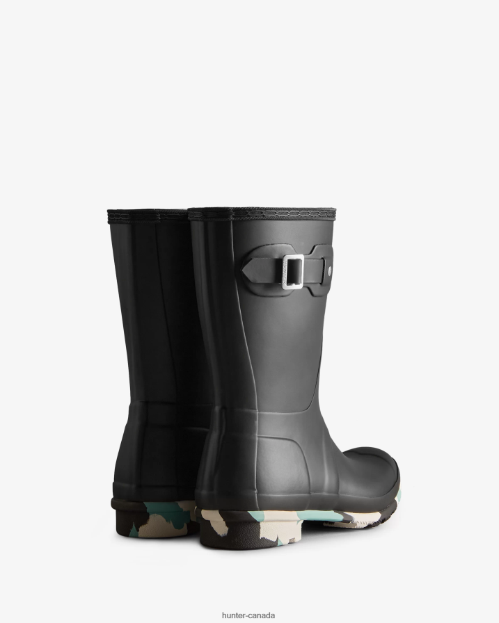 208Z2Z131 Hunter Boots Sale - Hunter Women Colour Splash Sole Short Rain Boots Black/White Willow/Birseye Blue