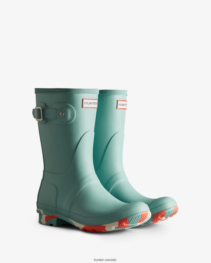 208Z2Z132 Hunter Outlet - Hunter Women Colour Splash Sole Short Rain Boots Birdseye Blue/White Willow/Persimmon Pink