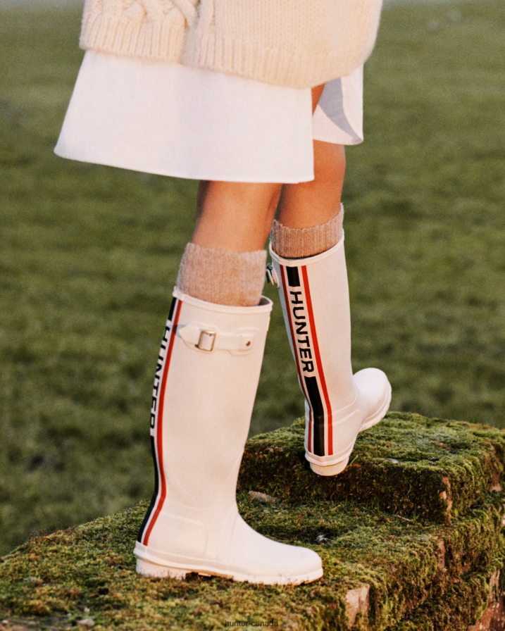 208Z2Z14 Hunter Canada - Hunter Women Tri-Colour Logo Backstrap Tall Rain Boots White Willow
