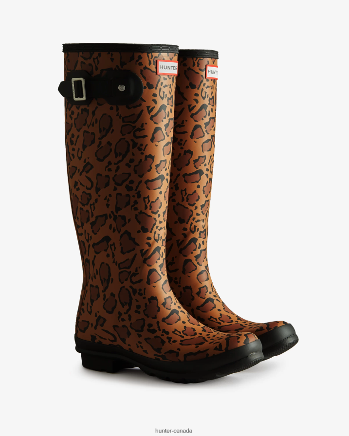 208Z2Z168 Hunter Outlet - Hunter Women Leopard Print Tall Rain Boots Rich Tan/Saddle/Black