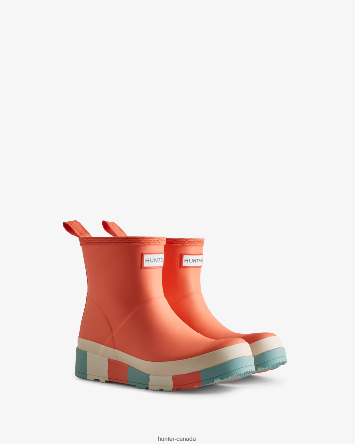 208Z2Z183 Hunter Boots Sale - Hunter Women PLAY Short Striped Sole Rain Boots Persimmon Pink/White Willow/Birdseye Blue