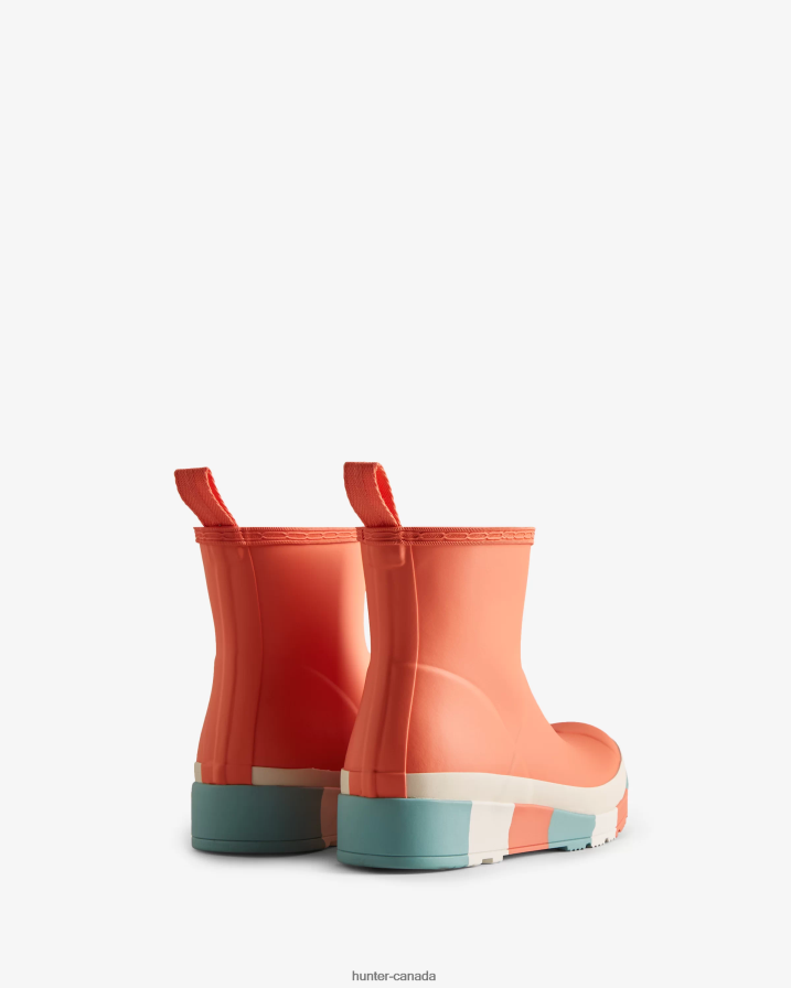 208Z2Z183 Hunter Boots Sale - Hunter Women PLAY Short Striped Sole Rain Boots Persimmon Pink/White Willow/Birdseye Blue