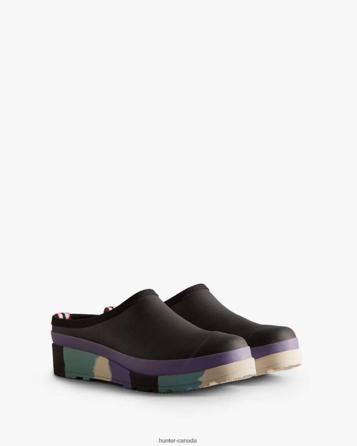 208Z2Z249 Hunter Boots - Hunter Women PLAY Striped Sole Clogs Black/Iridescent Purple/Birdseye Blue/White Willow