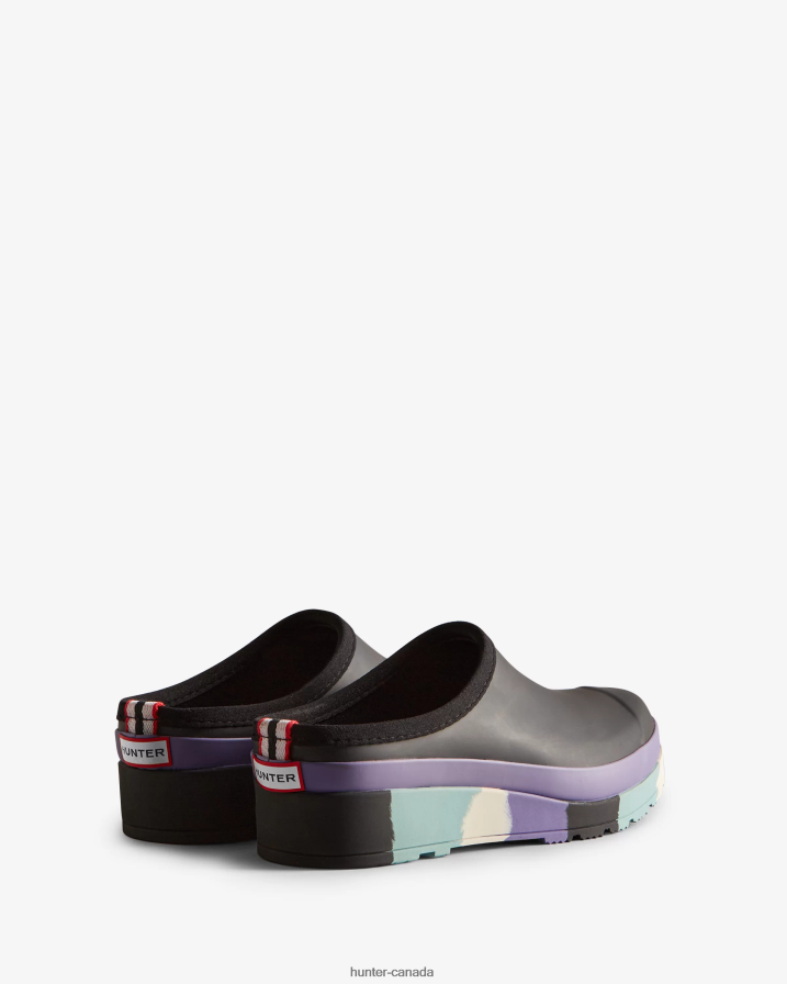 208Z2Z249 Hunter Boots - Hunter Women PLAY Striped Sole Clogs Black/Iridescent Purple/Birdseye Blue/White Willow