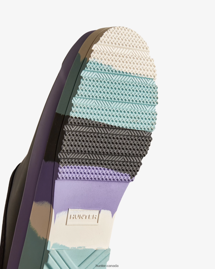 208Z2Z249 Hunter Boots - Hunter Women PLAY Striped Sole Clogs Black/Iridescent Purple/Birdseye Blue/White Willow