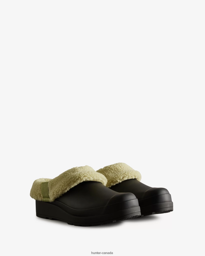 208Z2Z260 Hunter Outlet - Hunter Women Play Vegan Shearling Insulated Clogs Black/Wild Green