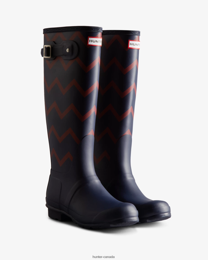 208Z2Z318 Hunter Canada - Hunter Women Rowing Blazers Zig Zag Tall Rain Boots Evening Blue/Sundried Red