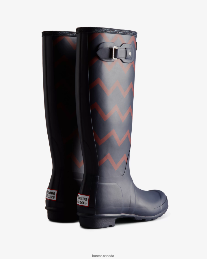 208Z2Z318 Hunter Canada - Hunter Women Rowing Blazers Zig Zag Tall Rain Boots Evening Blue/Sundried Red