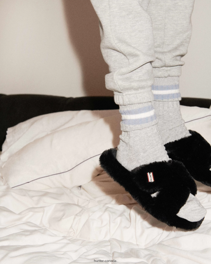 208Z2Z324 Hunter Outlet - Hunter Women Faux Fur Flatform Crossover Slide Black