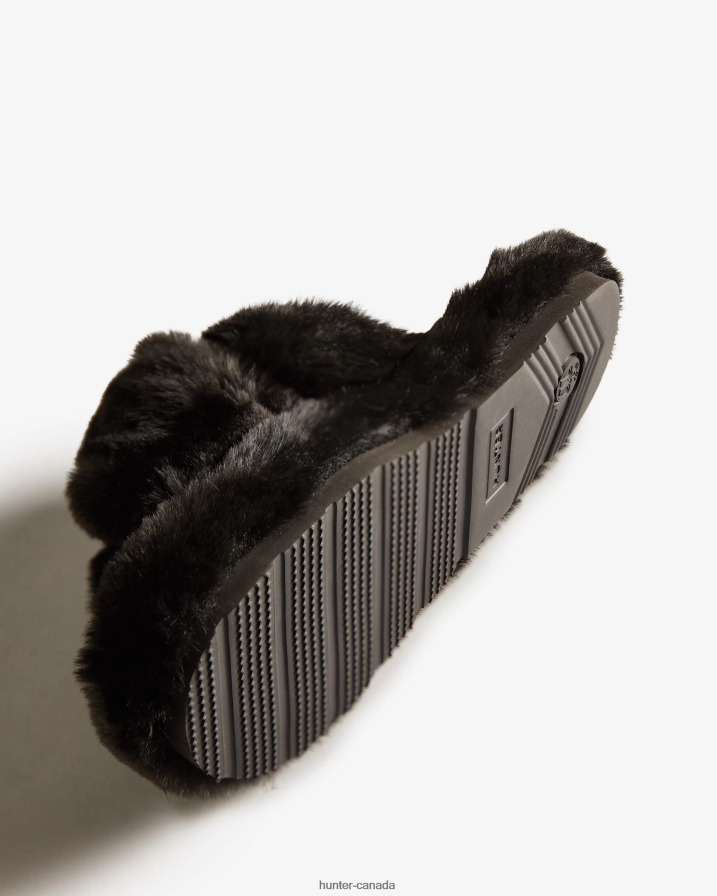 208Z2Z324 Hunter Outlet - Hunter Women Faux Fur Flatform Crossover Slide Black
