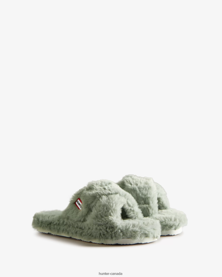 208Z2Z325 Hunter Boots - Hunter Women Faux Fur Flatform Crossover Slide Sweet Gale Green