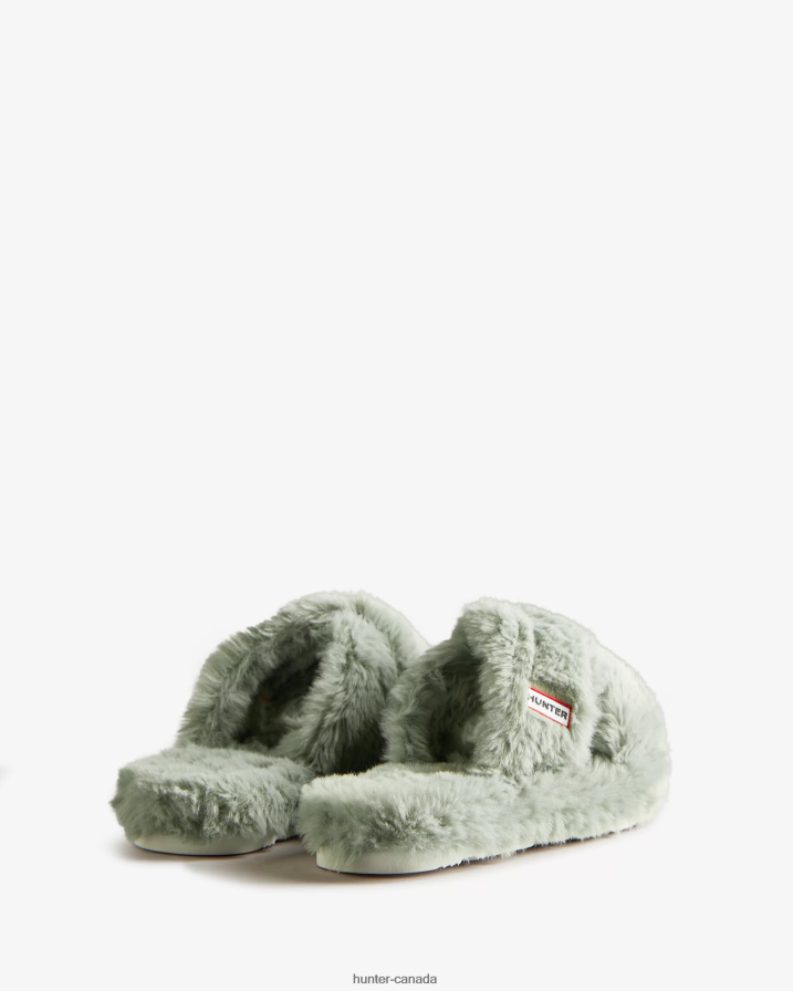 208Z2Z325 Hunter Boots - Hunter Women Faux Fur Flatform Crossover Slide Sweet Gale Green