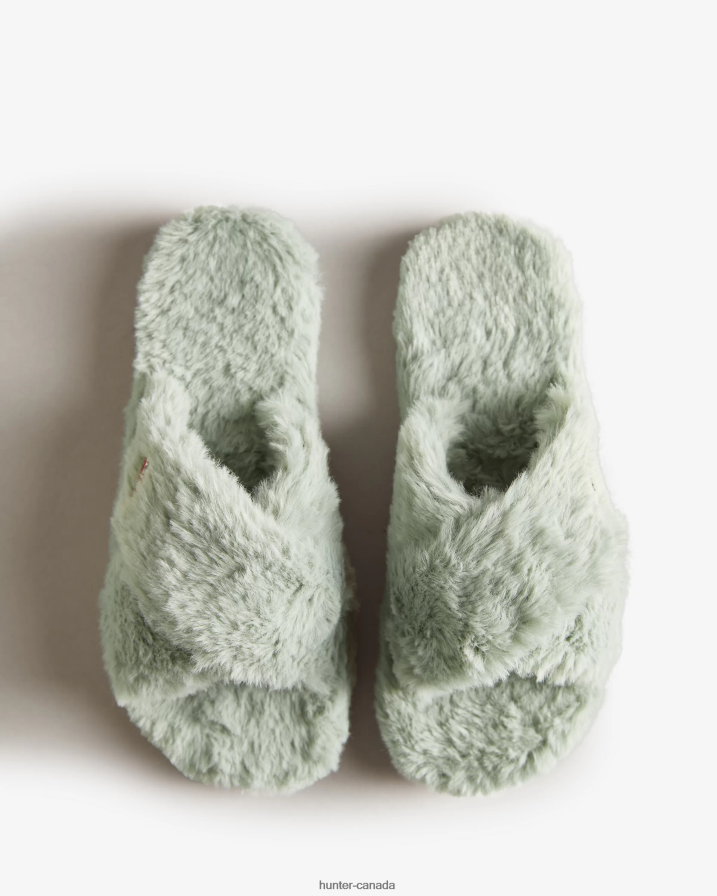 208Z2Z325 Hunter Boots - Hunter Women Faux Fur Flatform Crossover Slide Sweet Gale Green