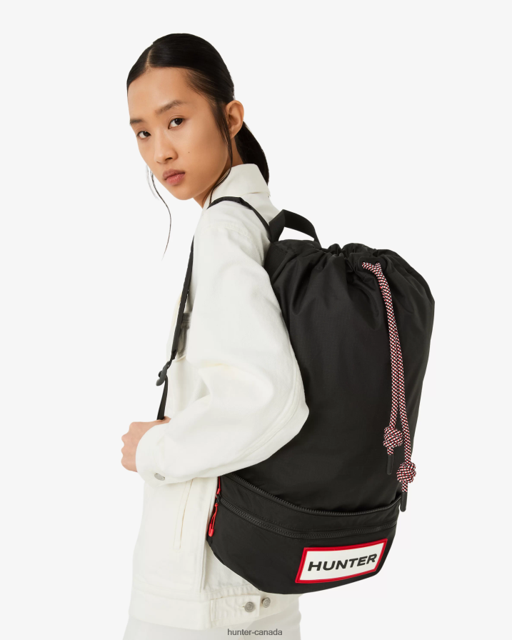 208Z2Z406 Hunter Canada - Hunter Men Travel Ripstop Recycled Nylon Two-Way Backpack Black/Red Box Logo