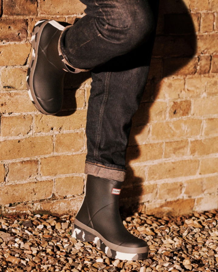 208Z2Z503 Hunter Boots Sale - Hunter Men Play Short Colour Splash Sole Rain Boots Black/Mere/Shaded White