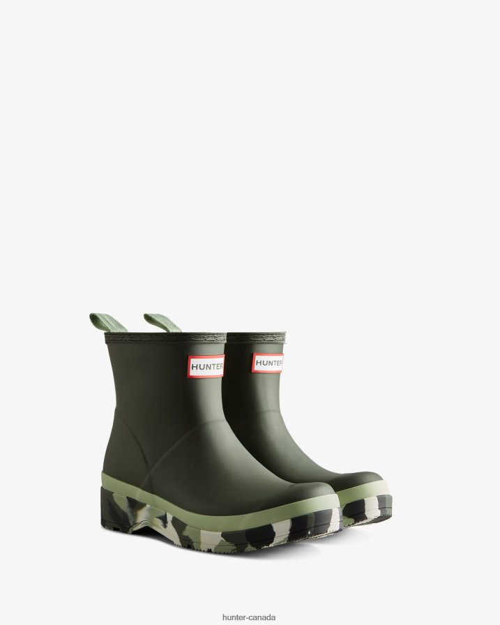 208Z2Z52 Hunter Outlet - Hunter Women Play Short Colour Splash Sole Rain Boots Dark Olive/Everglade Green/Black/Shaded White
