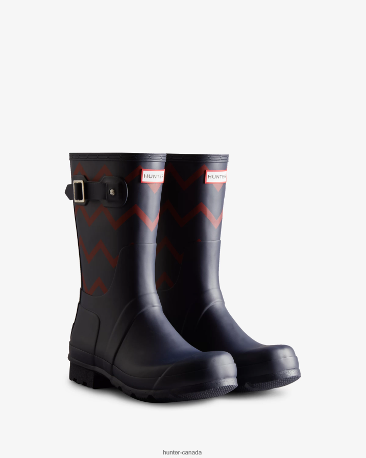 208Z2Z542 Hunter Canada - Hunter Men Rowing Blazers Zig Zag Short Rain Boots Evening Blue/Sundried Red