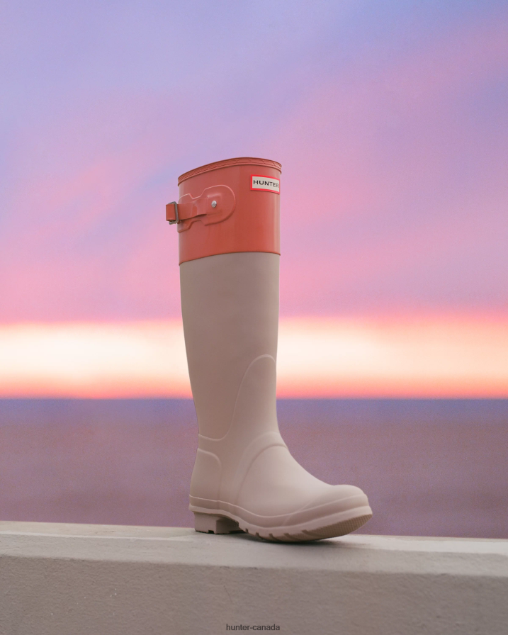 208Z2Z72 Hunter Outlet - Hunter Women Colour Block Tall Rain Boots Skimming Stone/Coral Shade