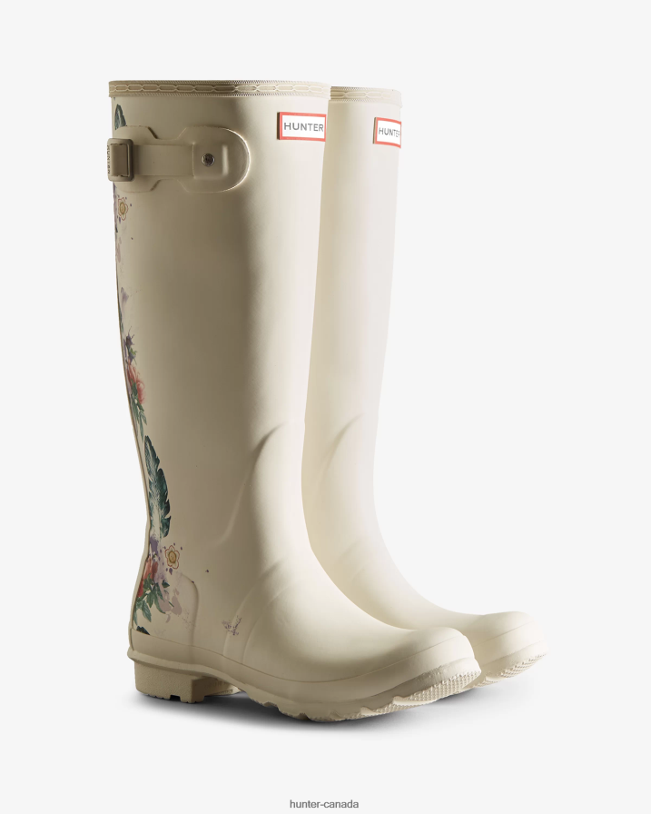 208Z2Z73 Hunter Boots - Hunter Women Botanical Print Tall Rain Boots Shaded White