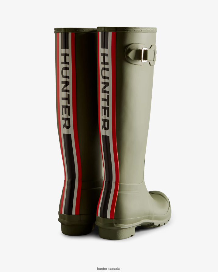208Z2Z9 Hunter Boots - Hunter Women Tri-Colour Logo Backstrap Tall Rain Boots Lichen Green
