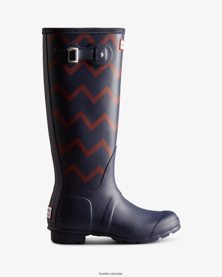 208Z2Z318 Hunter Canada - Hunter Women Rowing Blazers Zig Zag Tall Rain Boots Evening Blue/Sundried Red